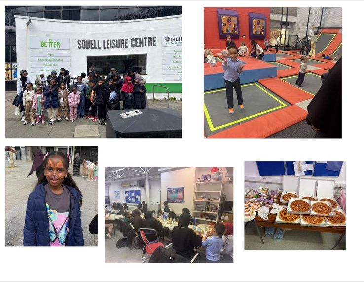 A collage from the Eid party: the group outside Sobell Leisure Centre, a child on a trampoline, and pizzas for lunch